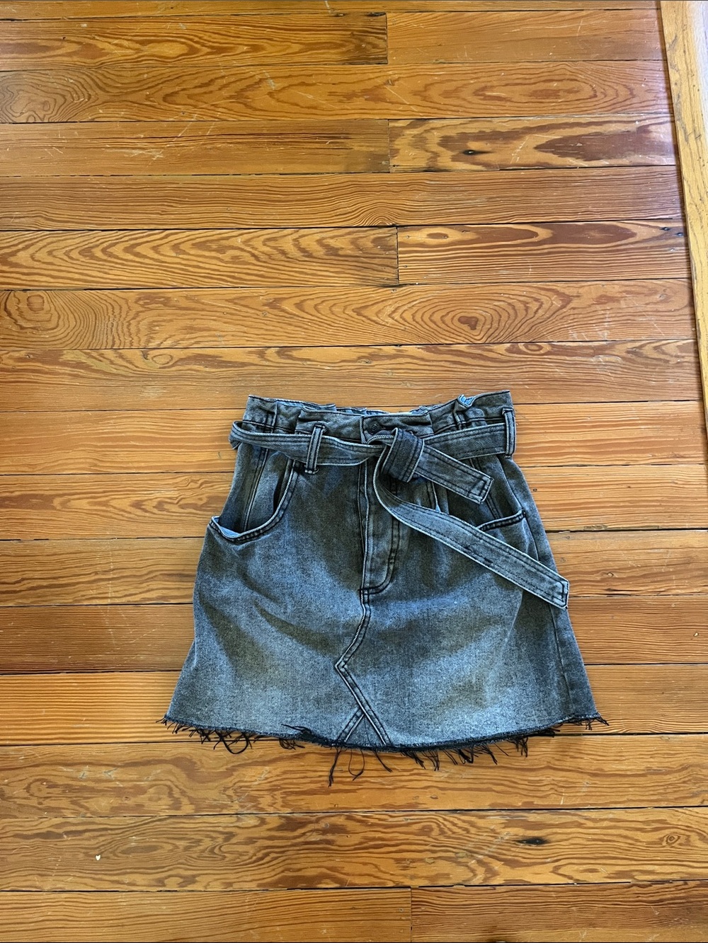 We The Free East of Eden Washed Black Paper Bag Tie-Belt Denim Mini Skirt